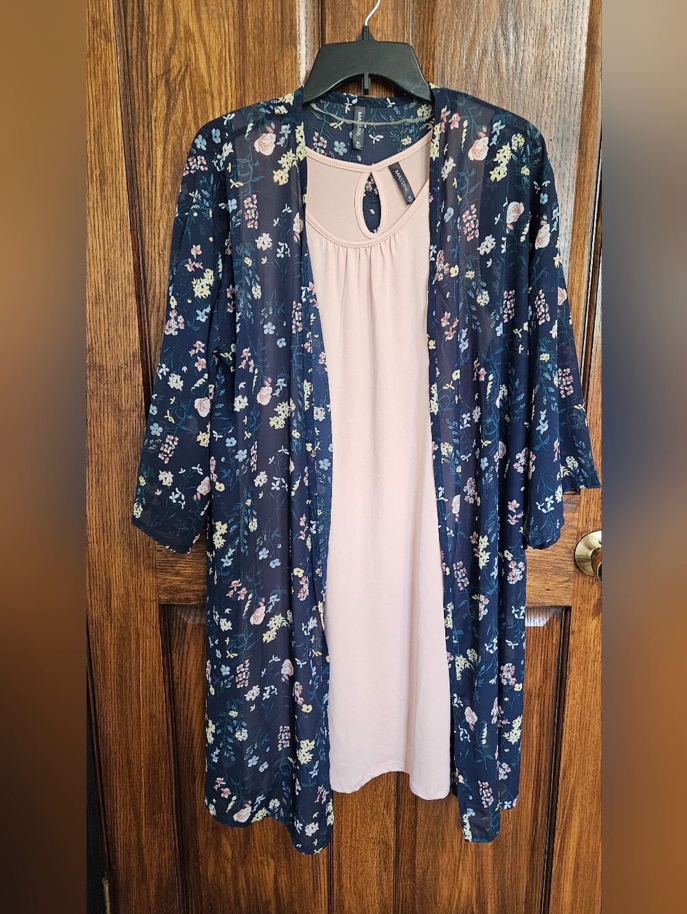 Massini Navy Floral Kimono with Blush Pink Slip